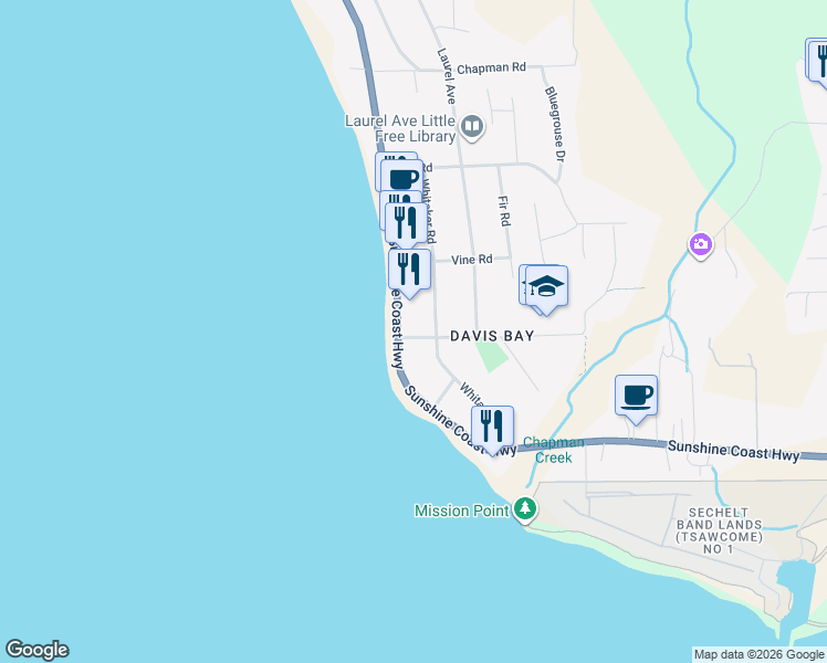 map of restaurants, bars, coffee shops, grocery stores, and more near 4689 Whitaker Road in Sechelt