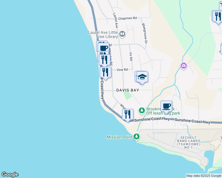 map of restaurants, bars, coffee shops, grocery stores, and more near 5160 Davis Bay Road in Sechelt