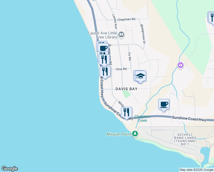 map of restaurants, bars, coffee shops, grocery stores, and more near 5160 Davis Bay Road in Sechelt