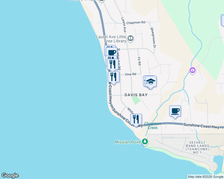 map of restaurants, bars, coffee shops, grocery stores, and more near 4726 Sunshine Coast Highway in Sechelt