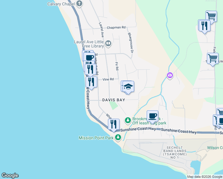 map of restaurants, bars, coffee shops, grocery stores, and more near 4726 Laurel Avenue in Sechelt
