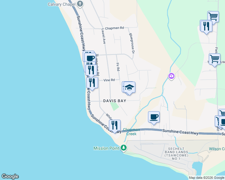 map of restaurants, bars, coffee shops, grocery stores, and more near 4726 Laurel Avenue in Sechelt