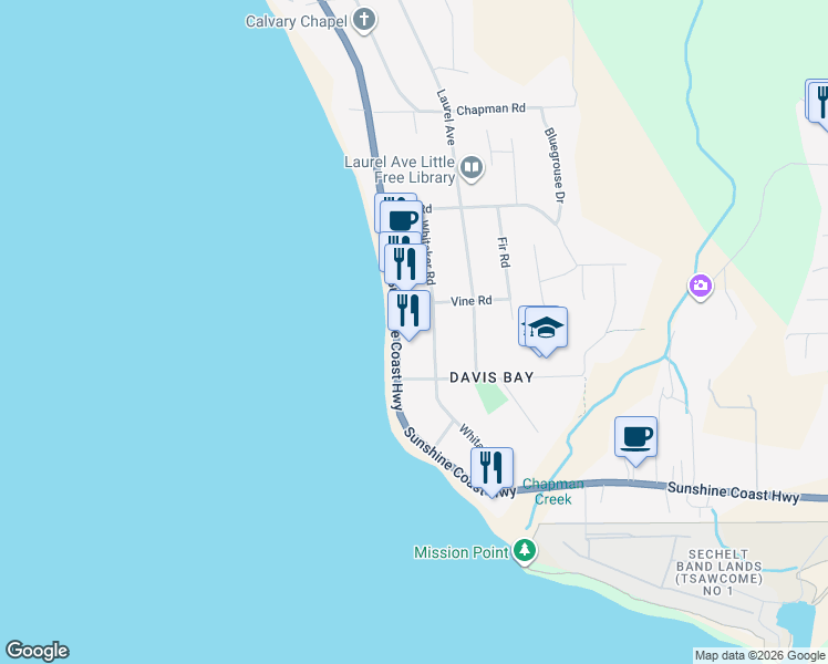 map of restaurants, bars, coffee shops, grocery stores, and more near 4726 Sunshine Coast Highway in Sechelt