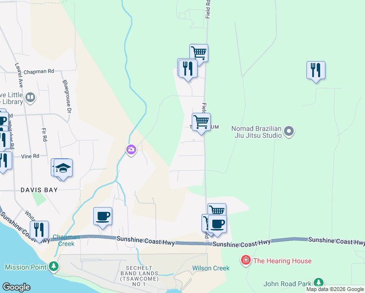 map of restaurants, bars, coffee shops, grocery stores, and more near 4385 Marble Road in Sechelt