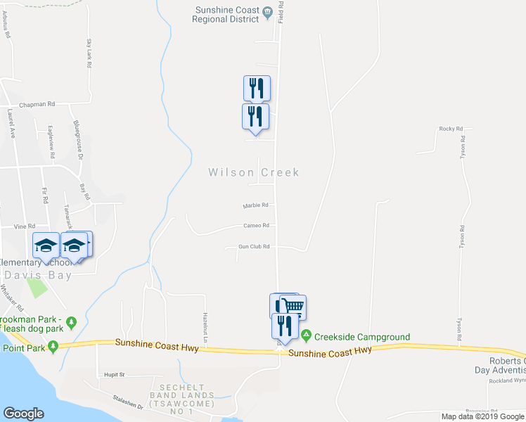 map of restaurants, bars, coffee shops, grocery stores, and more near 4363 Marble Road in Sechelt