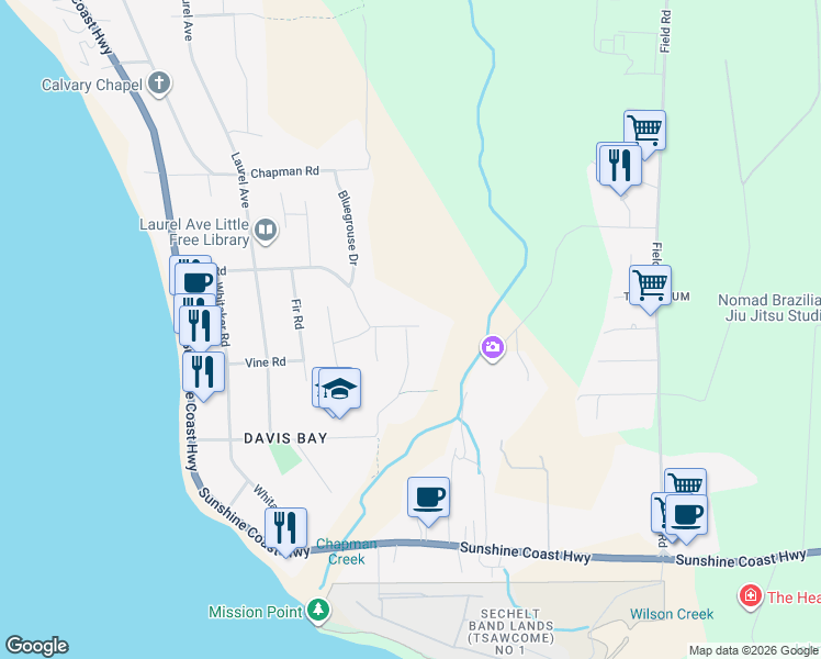 map of restaurants, bars, coffee shops, grocery stores, and more near 5005 Bay Road in Sechelt