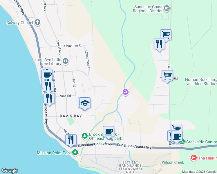 map of restaurants, bars, coffee shops, grocery stores, and more near 4995 Bay Road in Sechelt