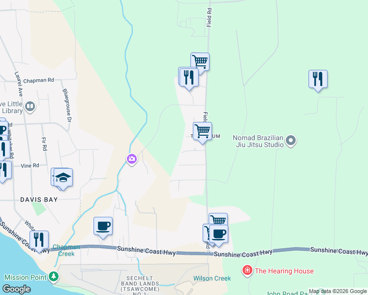 map of restaurants, bars, coffee shops, grocery stores, and more near 4385 Marble Road in Sechelt