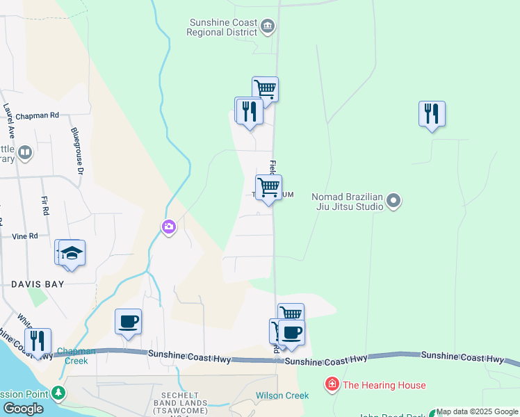 map of restaurants, bars, coffee shops, grocery stores, and more near 4362 Marble Road in Sechelt