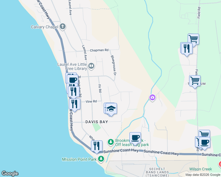 map of restaurants, bars, coffee shops, grocery stores, and more near 5071 Les Way Road in Sechelt