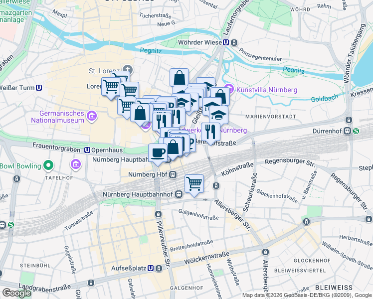 map of restaurants, bars, coffee shops, grocery stores, and more near 1 Bahnhofsplatz in Nürnberg