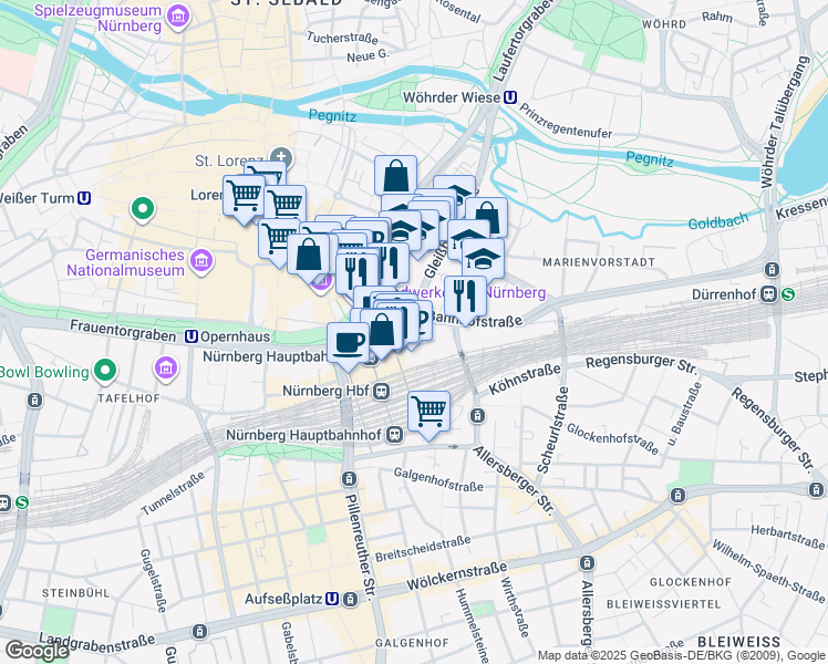map of restaurants, bars, coffee shops, grocery stores, and more near 1 Bahnhofsplatz in Nürnberg