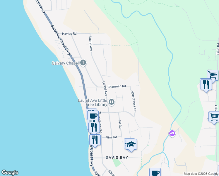 map of restaurants, bars, coffee shops, grocery stores, and more near 4898 Laurel Avenue in Sechelt