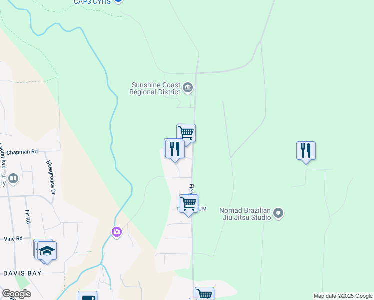 map of restaurants, bars, coffee shops, grocery stores, and more near 1877 Field Road in Sechelt