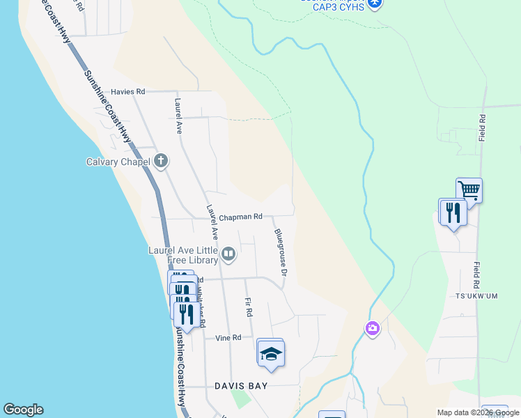 map of restaurants, bars, coffee shops, grocery stores, and more near 5090 Chapman Road in Sechelt