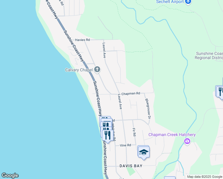 map of restaurants, bars, coffee shops, grocery stores, and more near 5158 Chapman Road in Sechelt