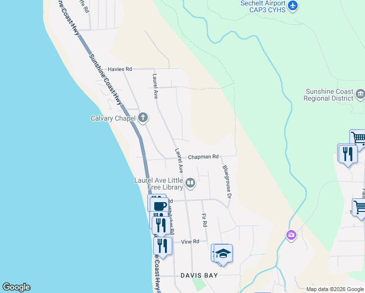 map of restaurants, bars, coffee shops, grocery stores, and more near 4902 Laurel Avenue in Sechelt