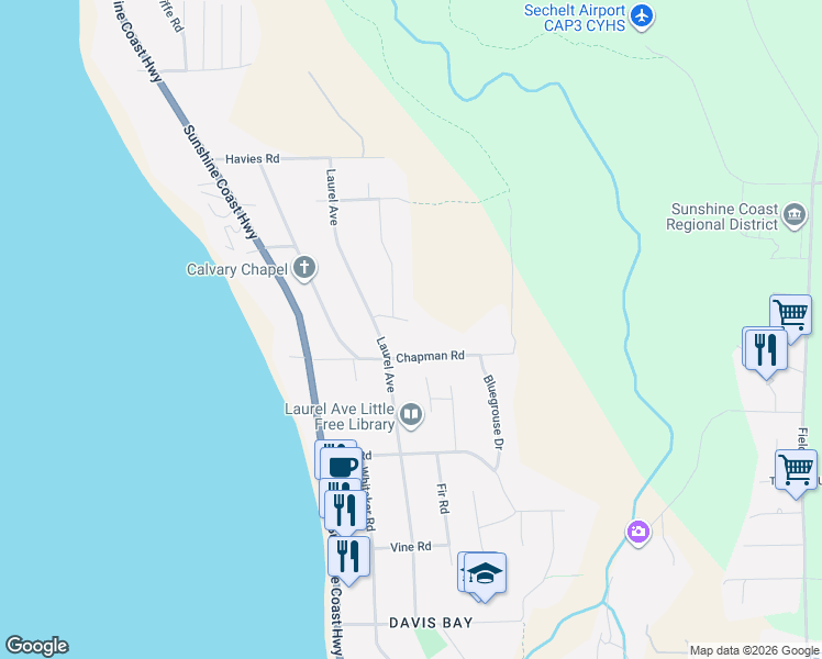 map of restaurants, bars, coffee shops, grocery stores, and more near 4898 Laurel Avenue in Sechelt