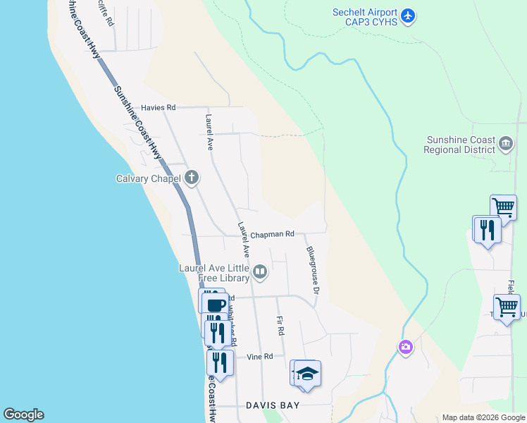 map of restaurants, bars, coffee shops, grocery stores, and more near 4898 Laurel Avenue in Sechelt