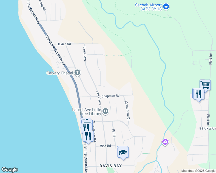 map of restaurants, bars, coffee shops, grocery stores, and more near 5090 Chapman Road in Sechelt