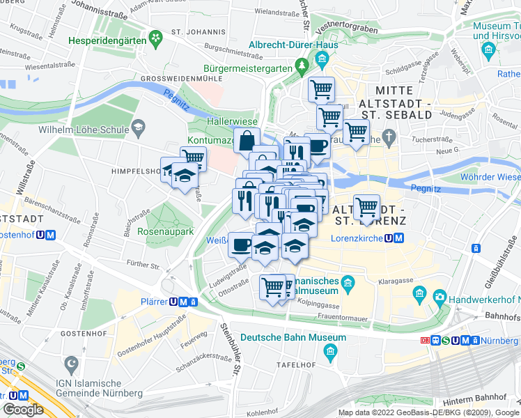 map of restaurants, bars, coffee shops, grocery stores, and more near 3a Karl-Grillenberger-Straße in Nuremberg