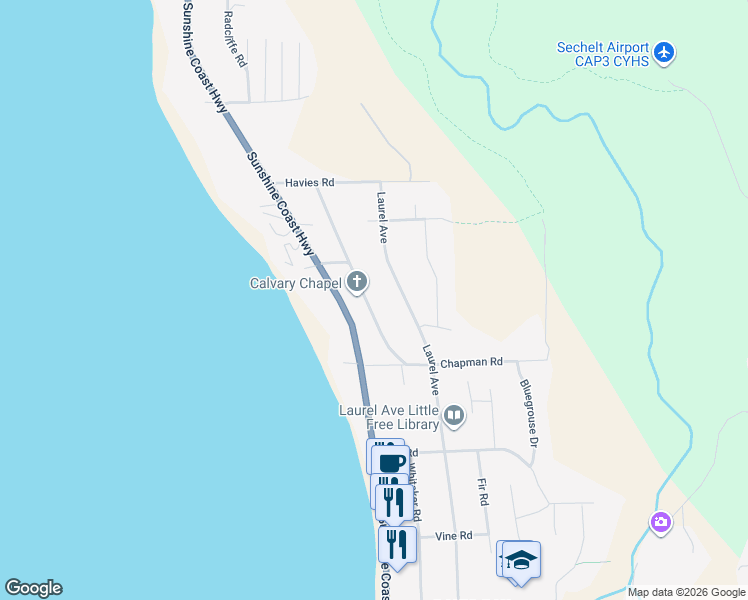 map of restaurants, bars, coffee shops, grocery stores, and more near 4938 Geer Road in Sechelt