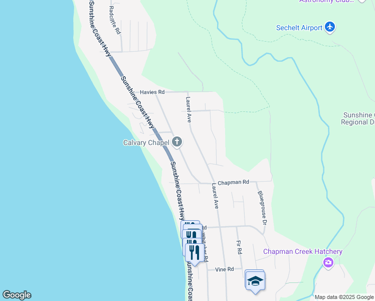map of restaurants, bars, coffee shops, grocery stores, and more near 4934 Geer Road in Sechelt