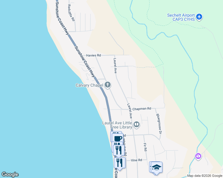 map of restaurants, bars, coffee shops, grocery stores, and more near 4938 Geer Road in Sechelt
