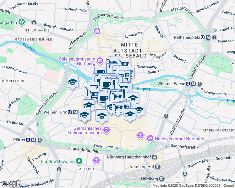 map of restaurants, bars, coffee shops, grocery stores, and more near in Nuremberg