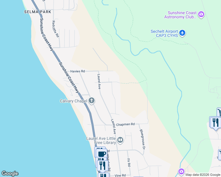 map of restaurants, bars, coffee shops, grocery stores, and more near 4983 Arbutus Road in Sechelt