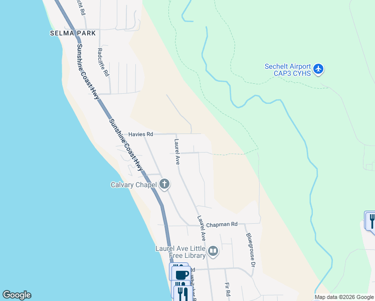map of restaurants, bars, coffee shops, grocery stores, and more near 4983 Arbutus Road in Sechelt
