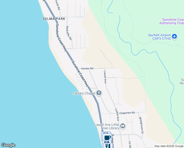 map of restaurants, bars, coffee shops, grocery stores, and more near 5217 Havies Road in Sechelt