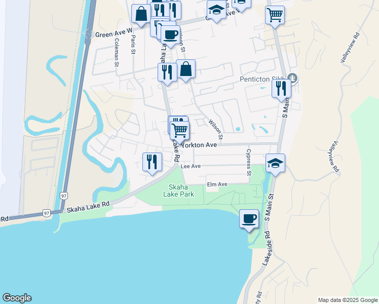 map of restaurants, bars, coffee shops, grocery stores, and more near 240 Yorkton Avenue in Penticton
