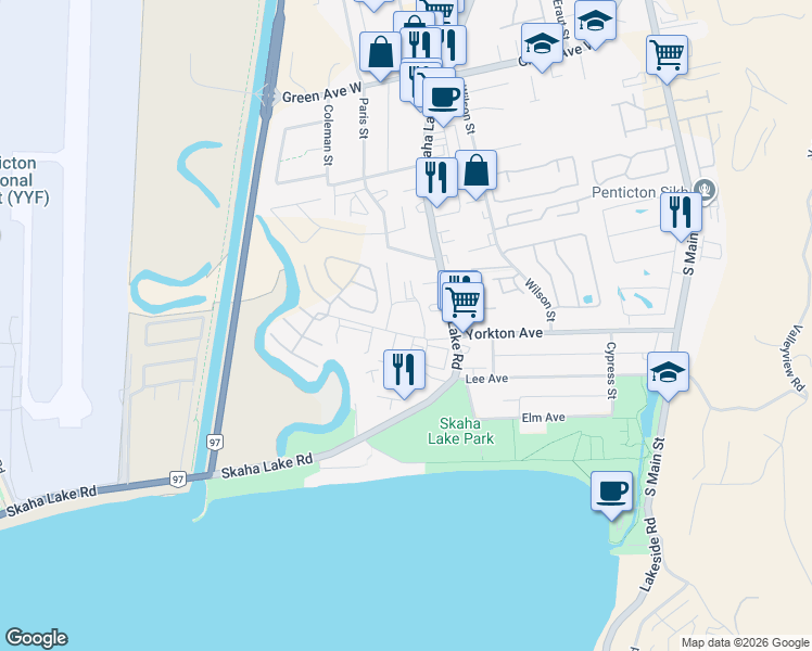 map of restaurants, bars, coffee shops, grocery stores, and more near 277 Yorkton Avenue in Penticton
