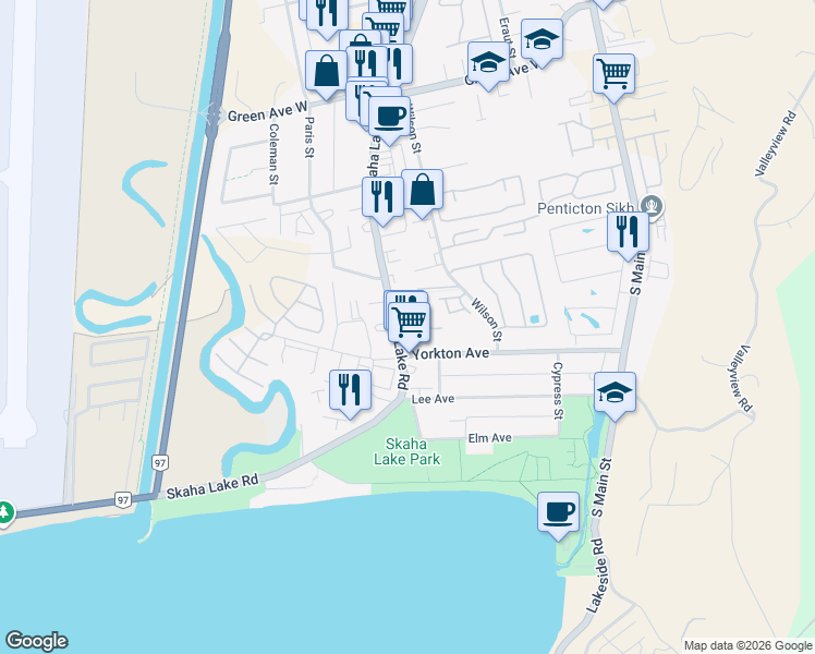 map of restaurants, bars, coffee shops, grocery stores, and more near 3388 Skaha Lake Road in Penticton