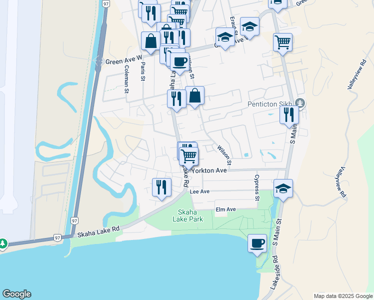 map of restaurants, bars, coffee shops, grocery stores, and more near 3346 Skaha Lake Road in Penticton