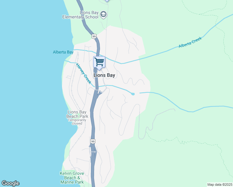 map of restaurants, bars, coffee shops, grocery stores, and more near 55 Creekview Place in Lions Bay