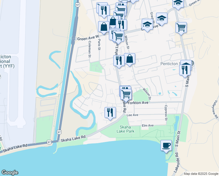 map of restaurants, bars, coffee shops, grocery stores, and more near 3355 Skaha Lake Road in Penticton