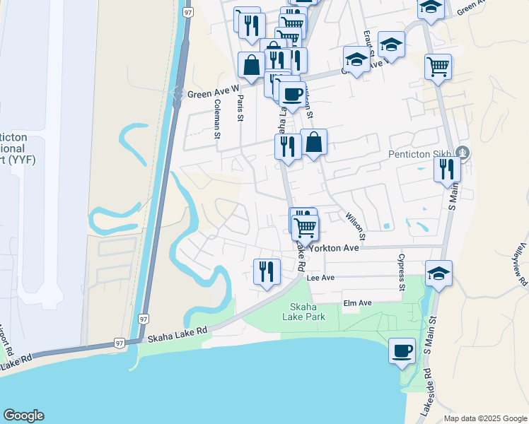 map of restaurants, bars, coffee shops, grocery stores, and more near 3355 Skaha Lake Road in Penticton