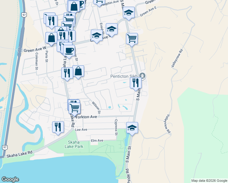 map of restaurants, bars, coffee shops, grocery stores, and more near 3333 South Main Street in Penticton