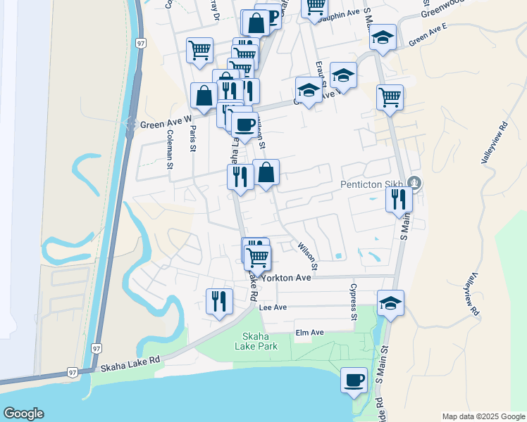 map of restaurants, bars, coffee shops, grocery stores, and more near 3311 Wilson Street in Penticton