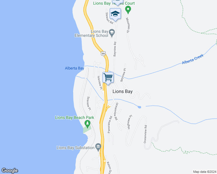 map of restaurants, bars, coffee shops, grocery stores, and more near 350 Centre Road in Lions Bay