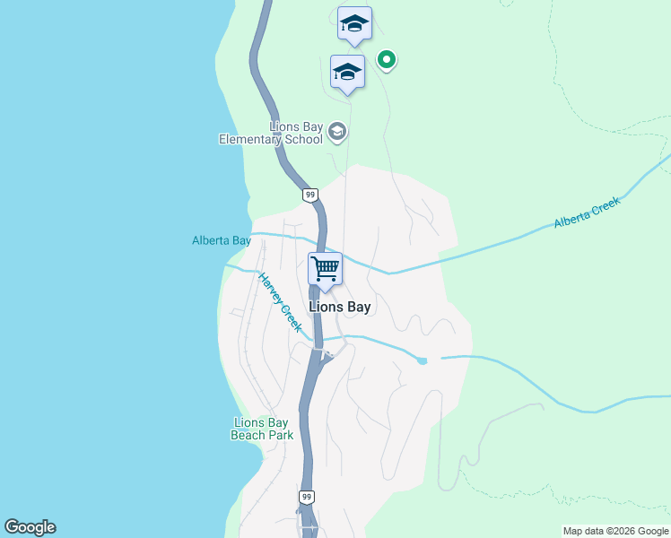 map of restaurants, bars, coffee shops, grocery stores, and more near 320 Bayview Road in Lions Bay