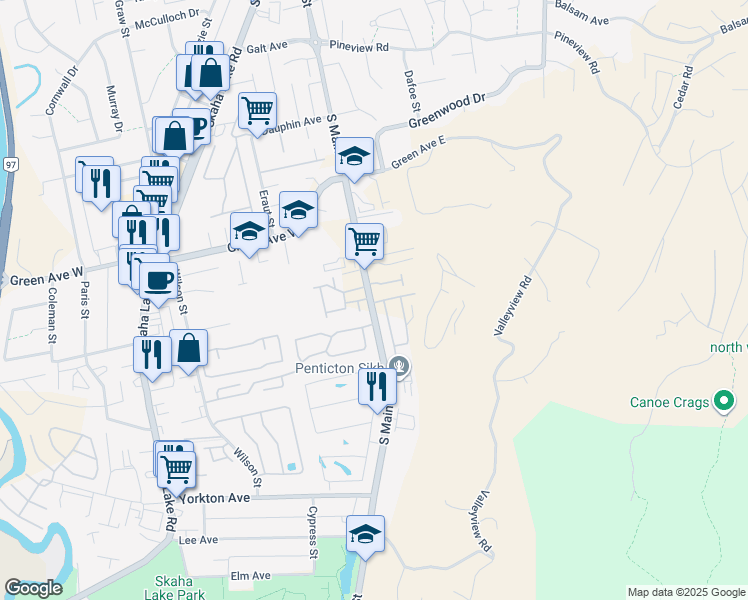 map of restaurants, bars, coffee shops, grocery stores, and more near 3096 South Main Street in Penticton