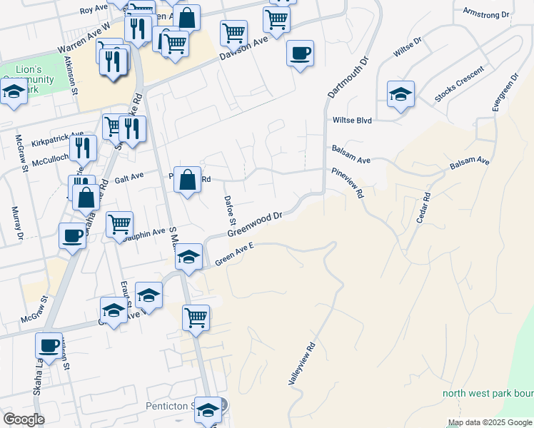 map of restaurants, bars, coffee shops, grocery stores, and more near 150 Greenwood Court in Penticton