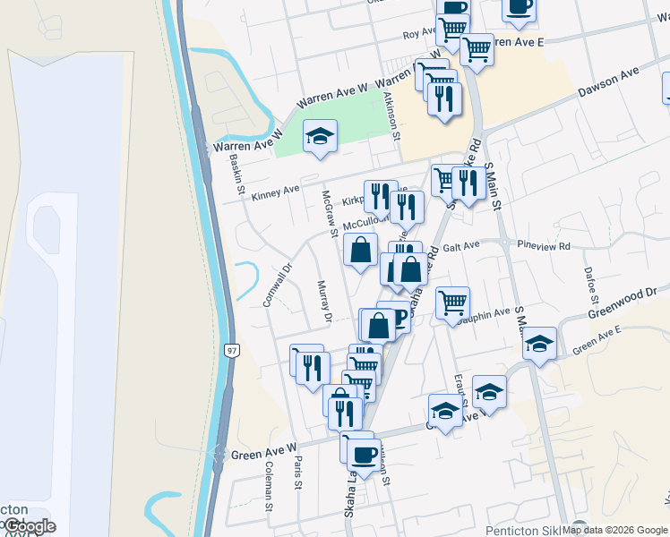 map of restaurants, bars, coffee shops, grocery stores, and more near 2519 McGraw Street in Penticton