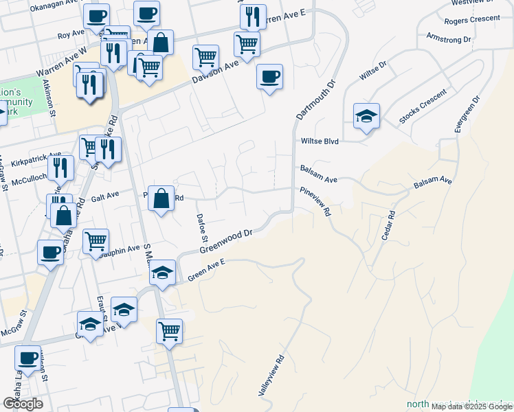 map of restaurants, bars, coffee shops, grocery stores, and more near 162 Greenwood Court in Penticton