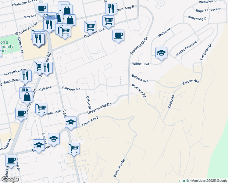 map of restaurants, bars, coffee shops, grocery stores, and more near 150 Greenwood Court in Penticton