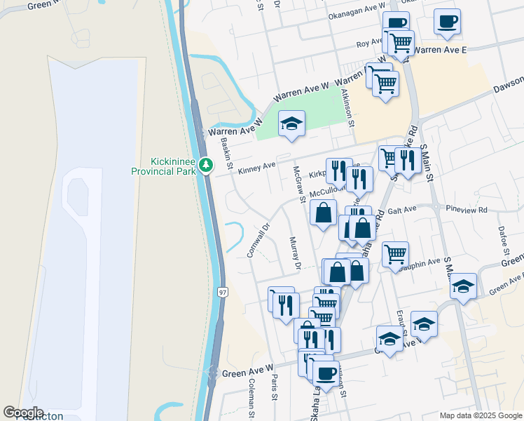 map of restaurants, bars, coffee shops, grocery stores, and more near 2466 Baskin Street in Penticton