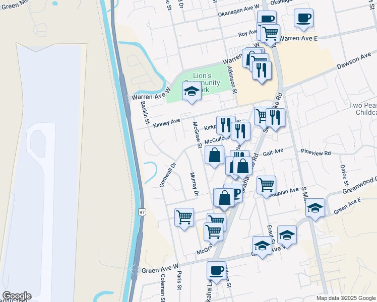 map of restaurants, bars, coffee shops, grocery stores, and more near 2400 Cornwall Drive in Penticton